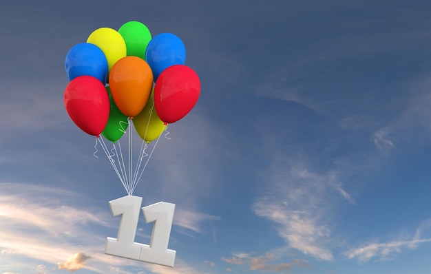 Nummer 11 feestviering Nummer bevestigd aan een bos ballonnen 3D-rendering