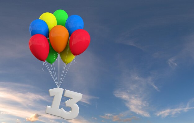 Nummer 13 feestviering Nummer bevestigd aan een bos ballonnen 3D-rendering