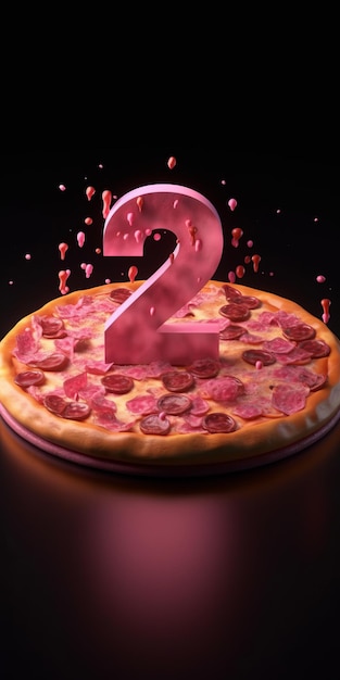 Nummer 2 typografie met roze pizza generatieve AI