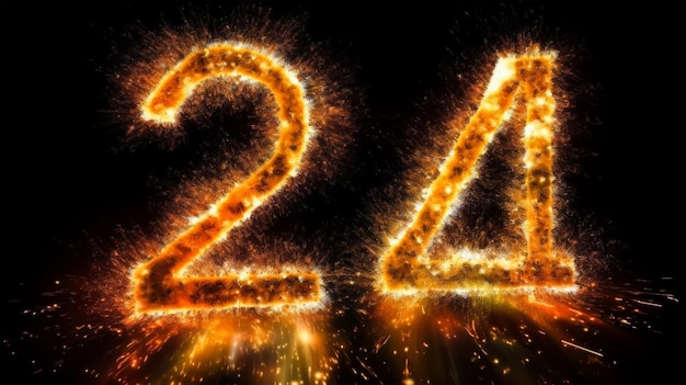 Nummer 24 met vonken en vuurwerk op zwarte achtergrond Gelukkig Nieuwjaar 2024