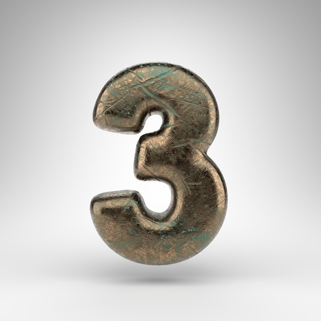 Nummer 3 op witte achtergrond. Bronzen 3D-gerenderde nummer met geoxideerde gekraste textuur.