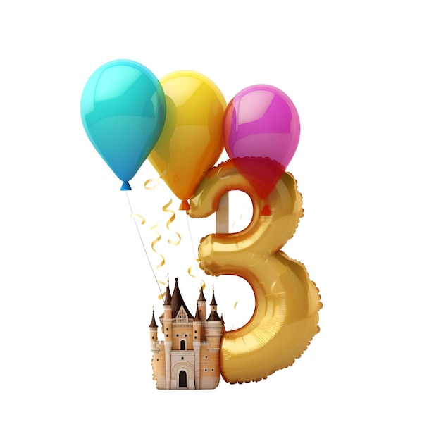 Nummer 3 verjaardag met kasteel en ballonnen 3D Rendering