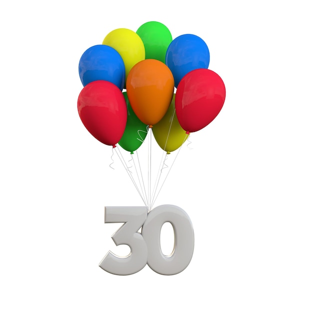 Nummer 30 feestviering Nummer bevestigd aan een bos ballonnen 3D-rendering