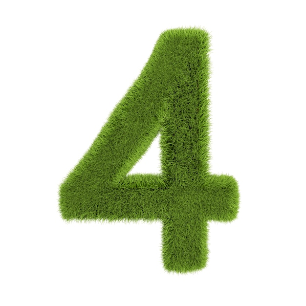 Nummer 4, gemaakt van gras geïsoleerd op een witte achtergrond. Symbool bedekt groen gras. Eco-brief. 3D illustratie.
