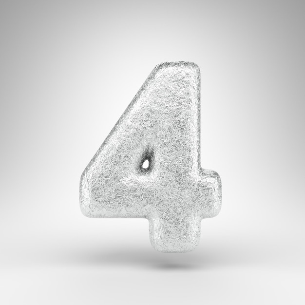 Nummer 4 op witte achtergrond. Gevouwen aluminiumfolie 3D weergegeven nummer met glanzende metalen textuur.