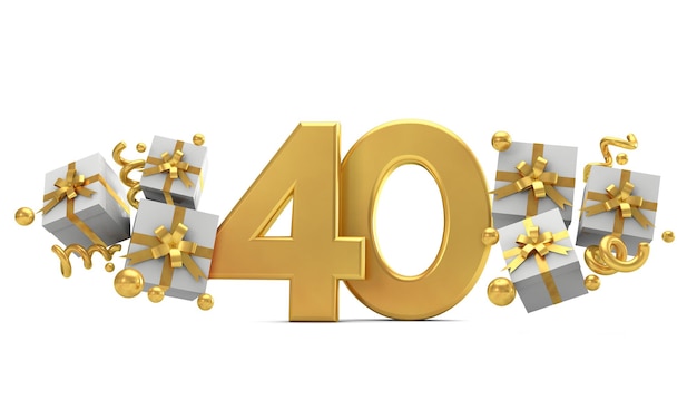 Nummer 40 gouden verjaardagsviering nummer met geschenkdozen 3D-rendering