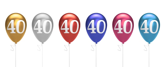 Nummer 40 verjaardag ballonnen collectie goud zilver rood blauw roze 3D-rendering