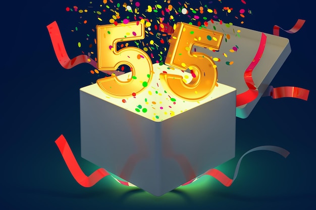 Nummer 55 in een cadeau doos met confetti en glanzend licht 3D rendering