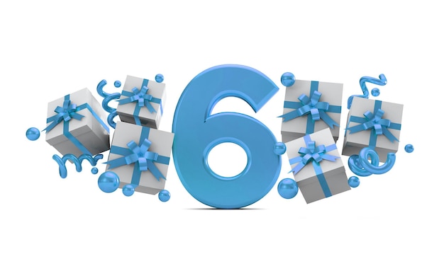 Nummer 6 blauw verjaardagsviering nummer met geschenkdozen 3D-rendering