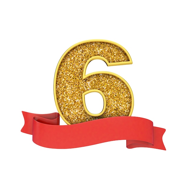 Nummer 6 gouden glitterviering met een rode scrollbanner 3D Render