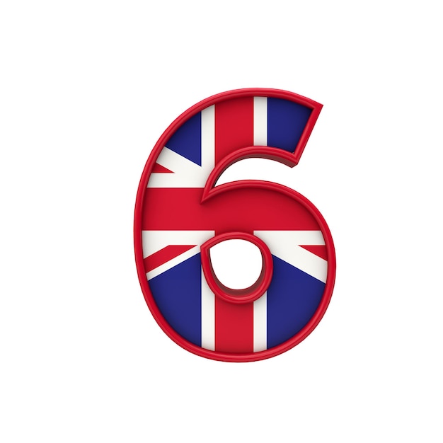 Nummer 6 Union Jack lettertype Groot-Brittannië vlag belettering 3D-Rendering