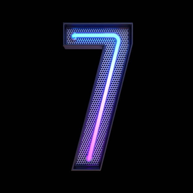 Nummer 7, alfabet. Neon retro 3d nummer geïsoleerd op een zwarte achtergrond met uitknippad. 3D illustratie.