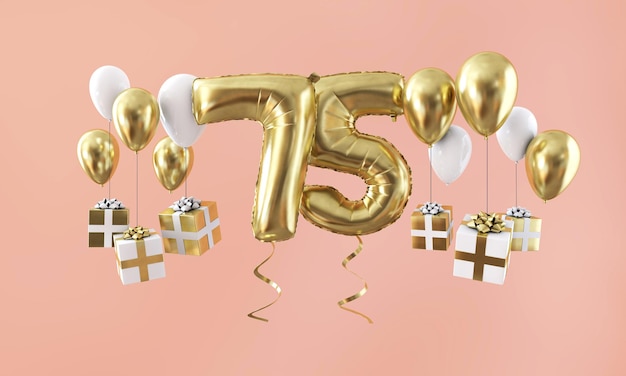 Nummer 75 verjaardagsviering gouden ballon met cadeautjes 3d render