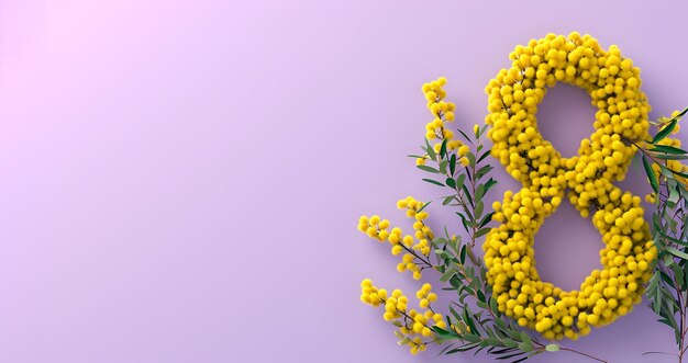 Nummer 8 met gele mimosa bloemen op paarse achtergrond vrouwendag 8 maart