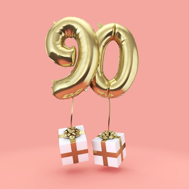 Nummer 90 verjaardagsviering goudfolie heliumballon met cadeautjes 3D Render