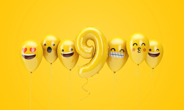 Nummer gele verjaardag emoji gezichten ballonnen d render