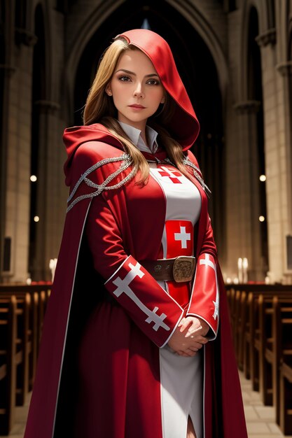 Photo nun christian religion faith missionary in red cloak cartoon anime style western woman