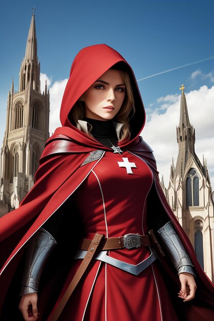 Nun christian religion faith missionary in red cloak cartoon anime style western woman