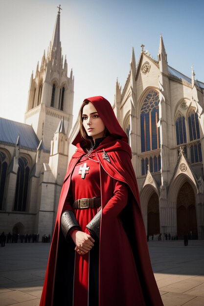 Foto suora religione cristiana fede missionaria in mantello rosso cartone animato stile anime donna occidentale