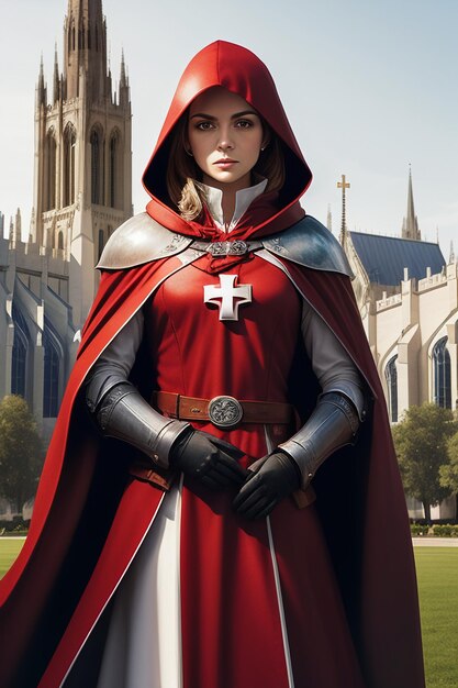 Nun christian religion faith missionary in red cloak cartoon anime style western woman