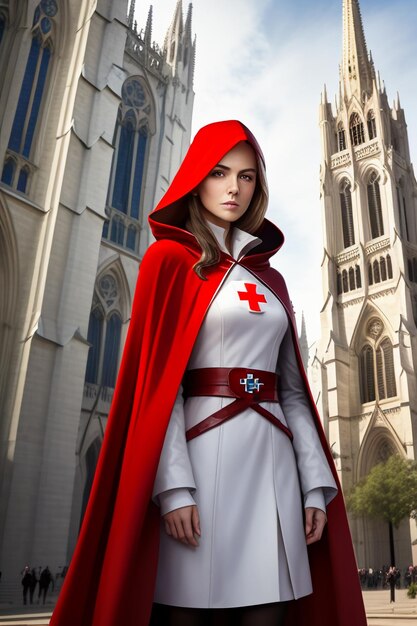 Nun christian religion faith missionary in red cloak cartoon anime style western woman