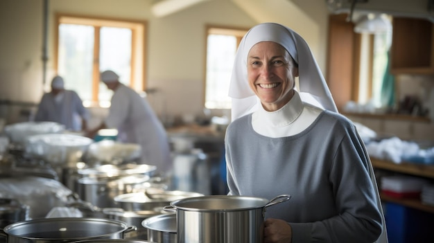 Монахиня готовит на кухне с кастрюлями и сковородками