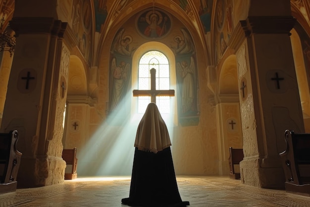 Nun kneeling in front of a large cross in a church praying
