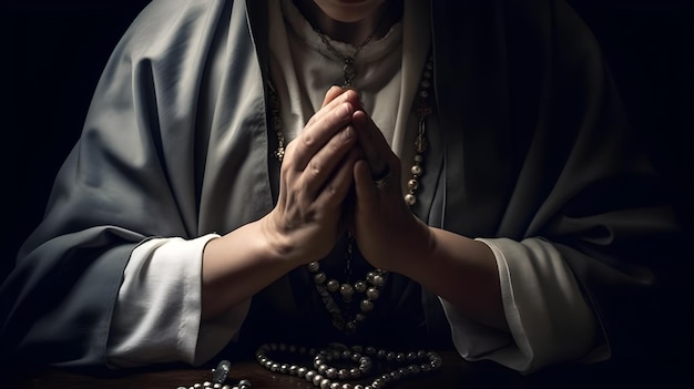 Nun praying in the dark background