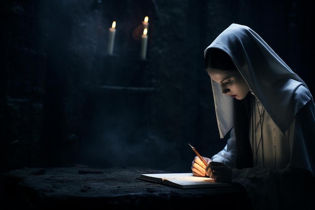 a nun reads a book in a dark room