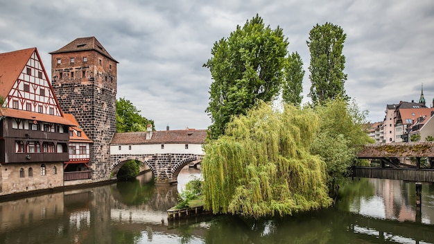 Nuremberg in Germany. Panoramic view with Pegnitz river and Maxbrucke bridge. German landscape