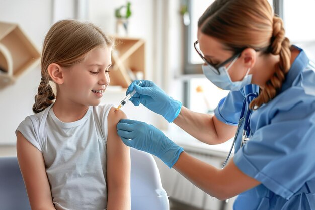 Фото nurse administering vaccine to child comforting in a lit pediatricians office