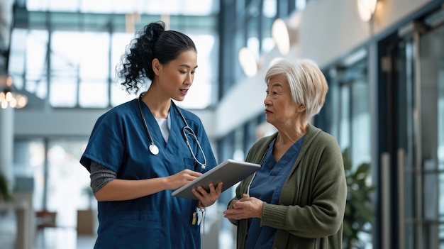 Nurse in blue scrubs is discussing medical information with an elderly female patient using a tablet in a hospital corridor