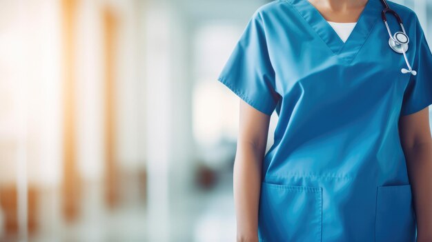 Photo a nurse in blue scrubs standing in an office ready to provide medical care and assistance