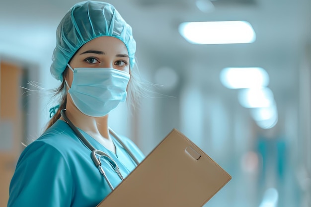 明るい病院の背景に手にフォルダを握っているキャップとマスクの看護師