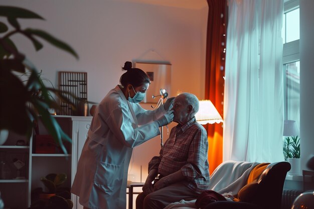 Nurse caring for elderly patient at home