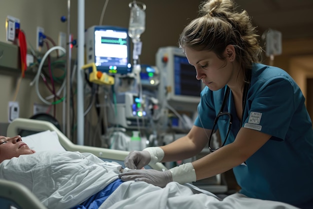 Photo a nurse caring for a patient in a hospital ai generated