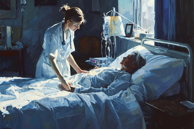 Photo a nurse caring for a patient in a hospital ai generated