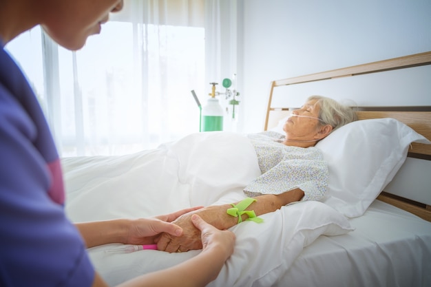 Nurse check pulse hand of patient on the bed in the hospital