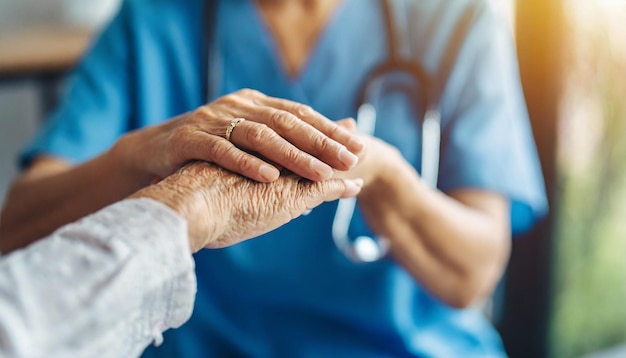 nurse comforts elderly woman holding hands in solace symbolizing care and support Clean background