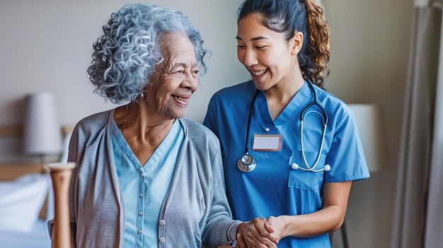 a nurse and an elderly woman are smiling and smiling