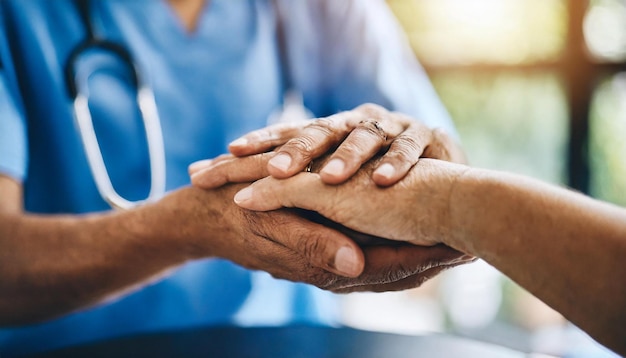 Photo nurse extends support holding patients hand symbolizing compassion and reassurance in medical car