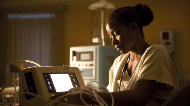 Медсестра Женщина-афроамериканка Зрелая Проверяет жизненно важные органы пациента в больничной палате Генеративный ИИ AIG22