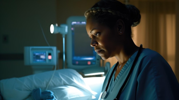 Nurse Female AfricanAmerican Middleaged Checking a patient's vitals in Hospital ward Generative AI AIG22