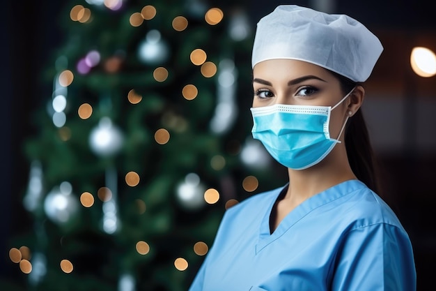Nurse in festive New Years uniform administering vaccines background with empty space for text