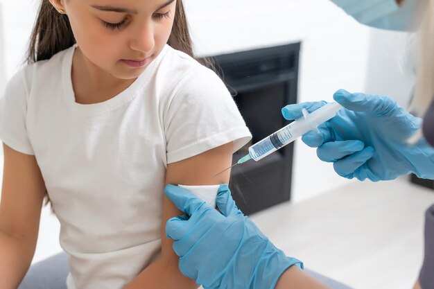 nurse giving vaccination injection to little girl patient.