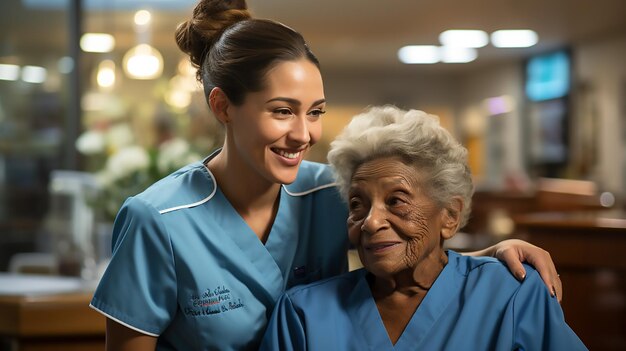 nurse helping elderly woman climb