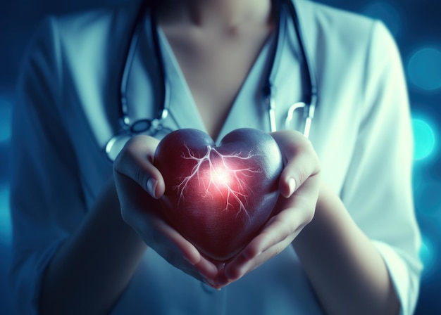 Photo a nurse holding a heart with a stethoscope in front