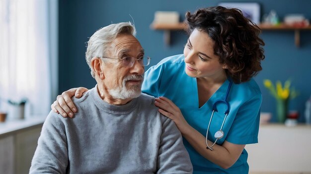 Nurse holding old mans shoulder closeup