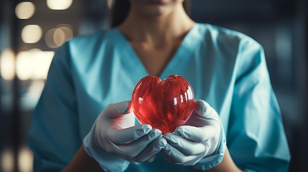 nurse holding red heart symbol of take care human