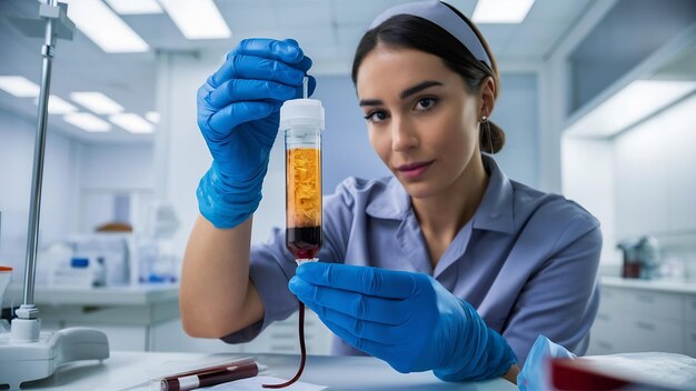 Photo nurse holding vacutainer with a plateletrich plasma and blood for prp treatment